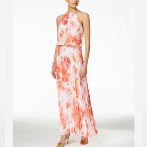 MSK Dresses & Skirts - NEW Floral Printed White Maxi Cocktail Dress NWT Halter Pleated Gown Pink Orange